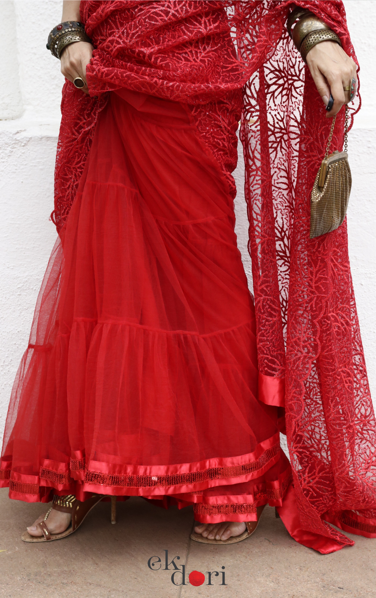 Statement Lehenga Saree 'Agni' Net & Sequin Designer Saree : Buy Designer Red Wedding Saree