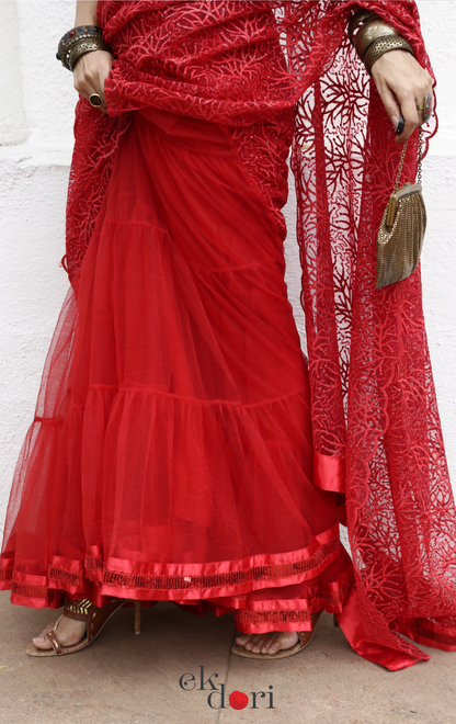 Statement Lehenga Saree 'Agni' Net & Sequin Designer Saree : Buy Designer Red Wedding Saree