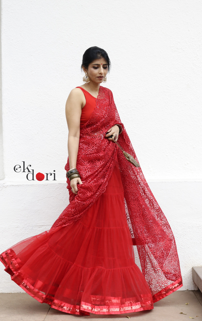 Statement Lehenga Saree 'Agni' Net & Sequin Designer Saree : Buy Designer Red Wedding Saree