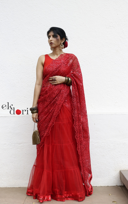 Statement Lehenga Saree 'Agni' Net & Sequin Designer Saree : Buy Designer Red Wedding Saree