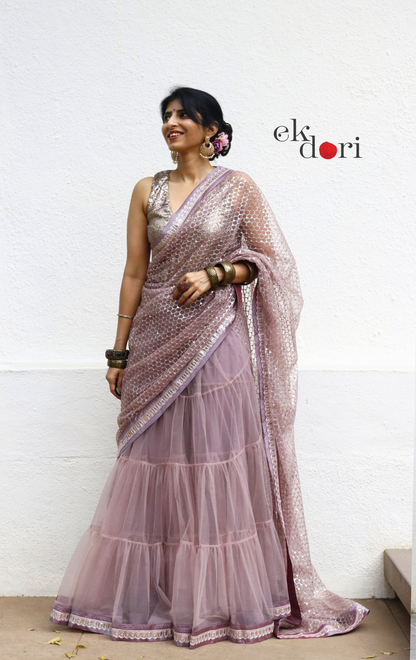 Statement Lehenga Saree 'Sunehri' Net & Sequin Designer Saree : Buy Designer Wedding Saree