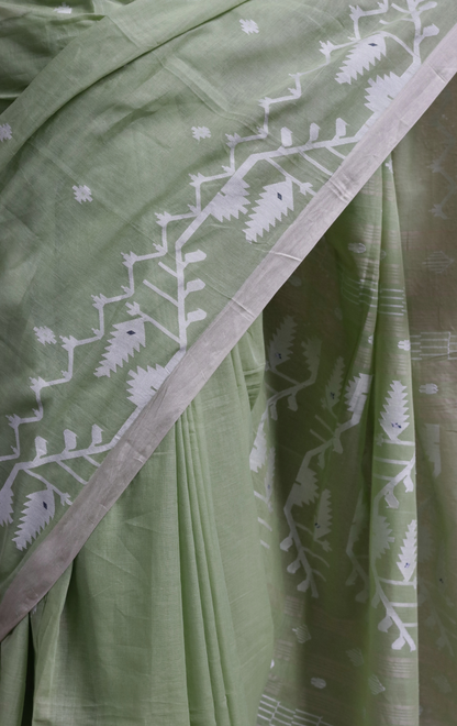 Buy Green Muslin Cotton Jamdani Saree : Green Pista & Pearls Needle Jamdani Handmade Saree