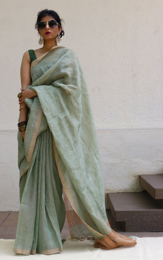 Buy Silk Linen 'New Leaf' Gold Metallic Sari : Light Green Gold Silk Linen Summer Saree