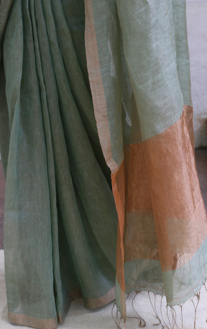 Buy Silk Linen 'New Leaf' Gold Metallic Sari : Light Green Gold Silk Linen Summer Saree