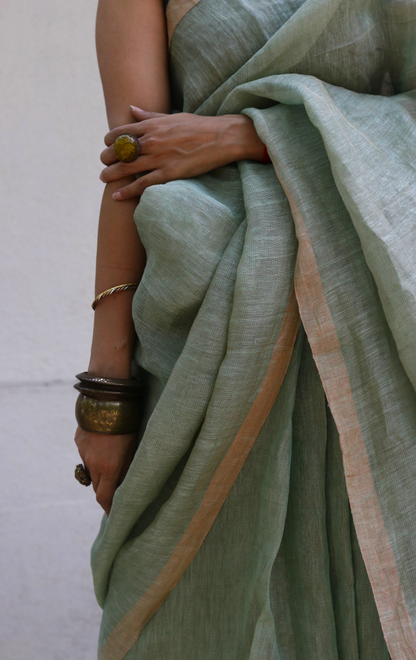 Buy Silk Linen 'New Leaf' Gold Metallic Sari : Light Green Gold Silk Linen Summer Saree