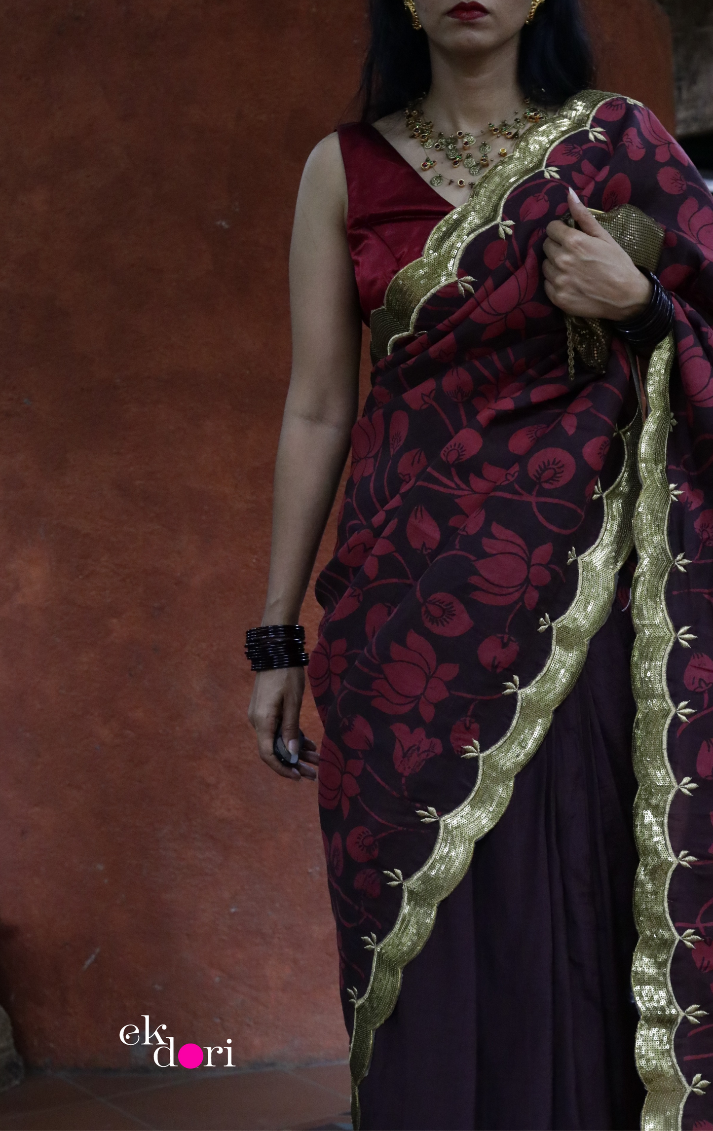 Red Lotus Pen Kalamkari Silk Saree : Festive Pure Silk Pen Kalamkari Saree
