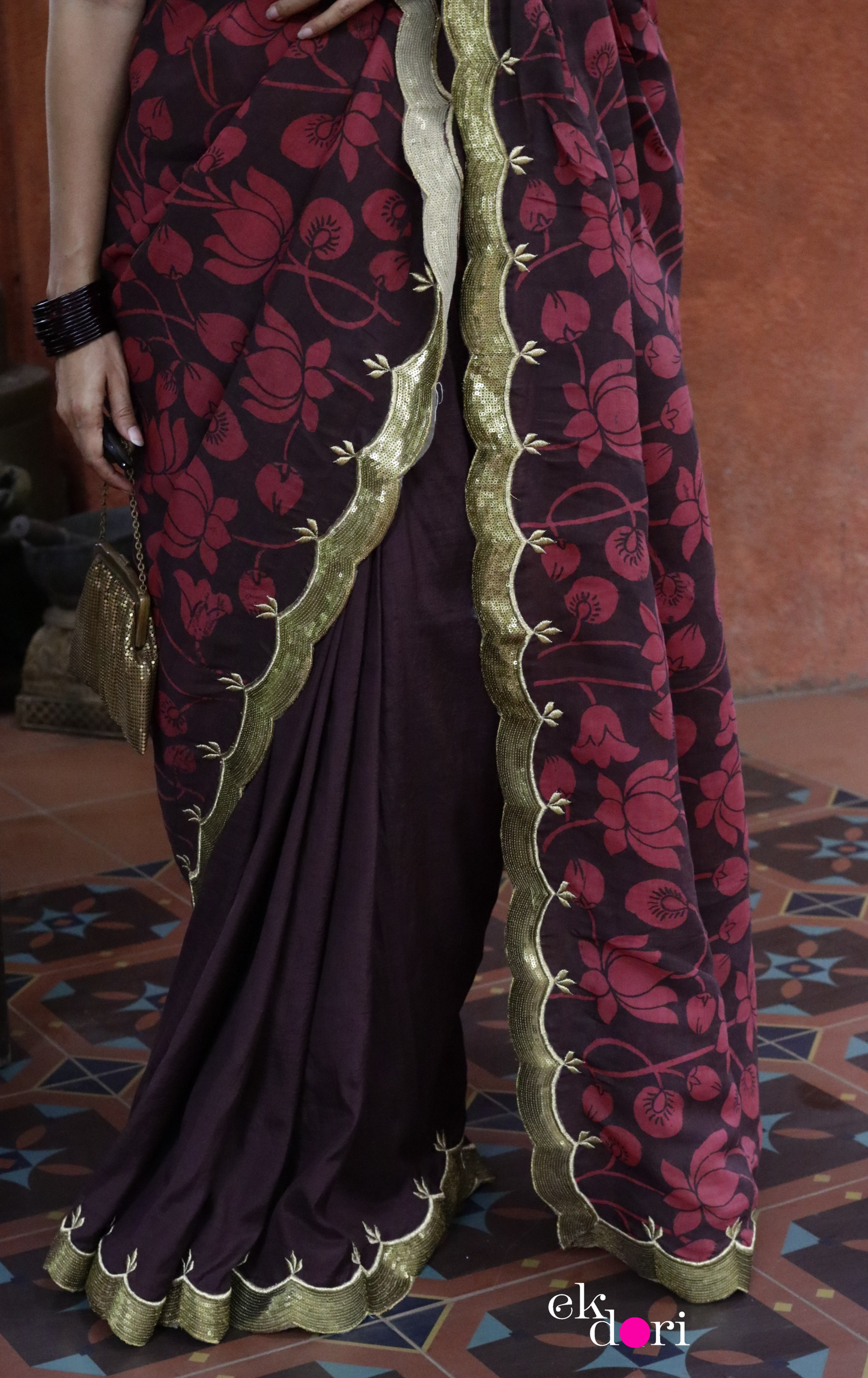 Red Lotus Pen Kalamkari Silk Saree : Festive Pure Silk Pen Kalamkari Saree