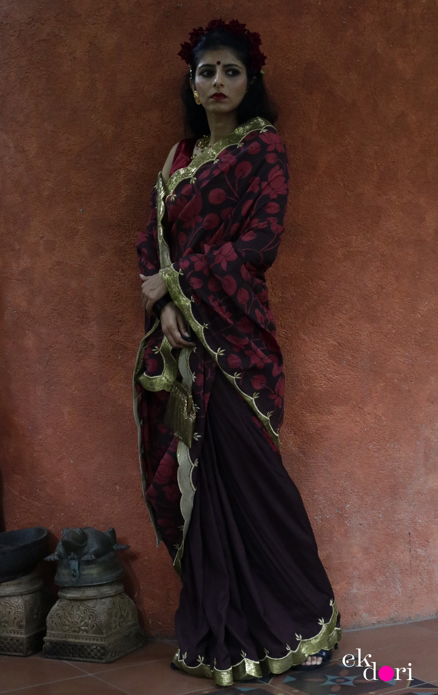 Red Lotus Pen Kalamkari Silk Saree : Festive Pure Silk Pen Kalamkari Saree