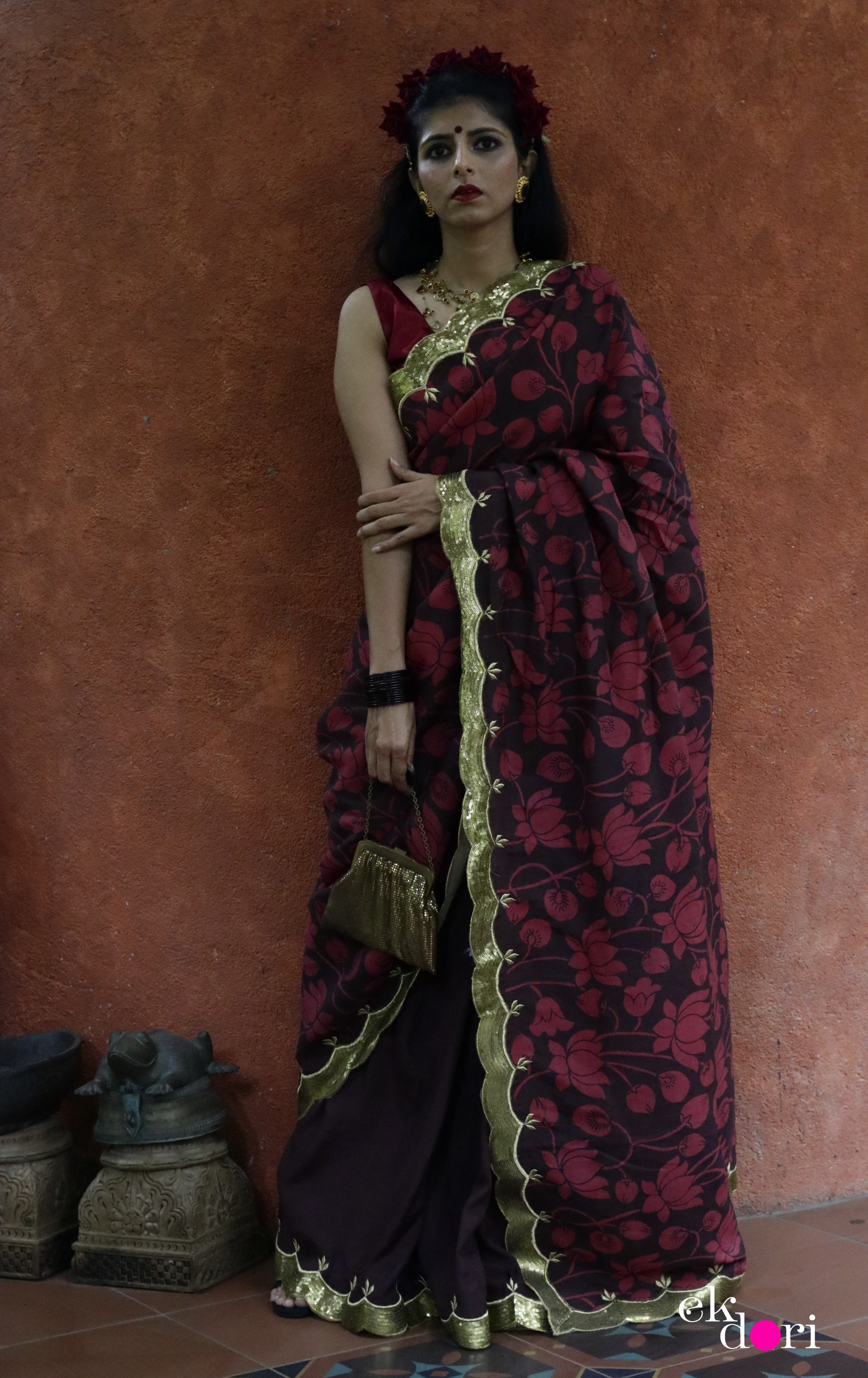 Red Lotus Pen Kalamkari Silk Saree : Festive Pure Silk Pen Kalamkari Saree