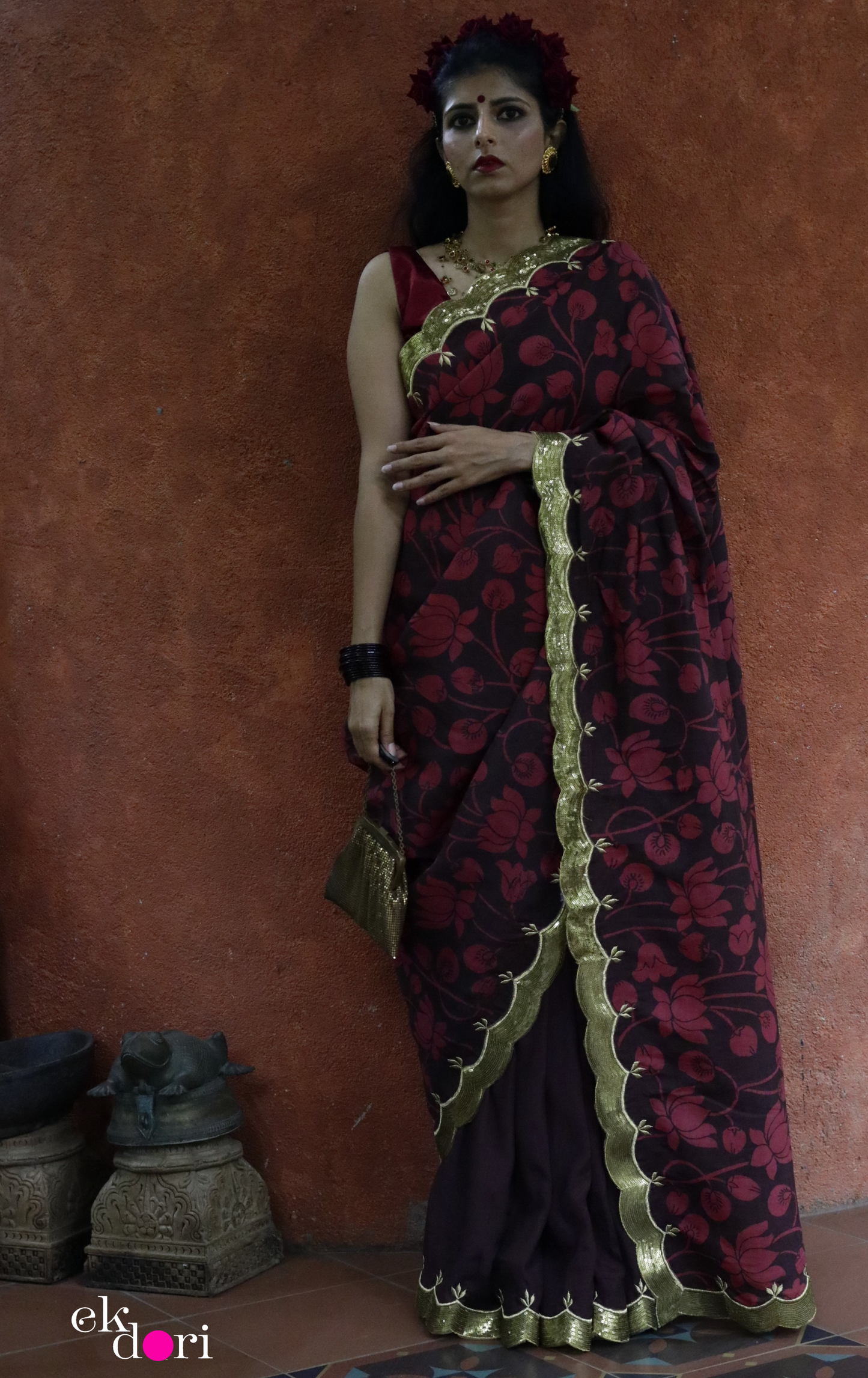 Red Lotus Pen Kalamkari Silk Saree : Festive Pure Silk Pen Kalamkari Saree