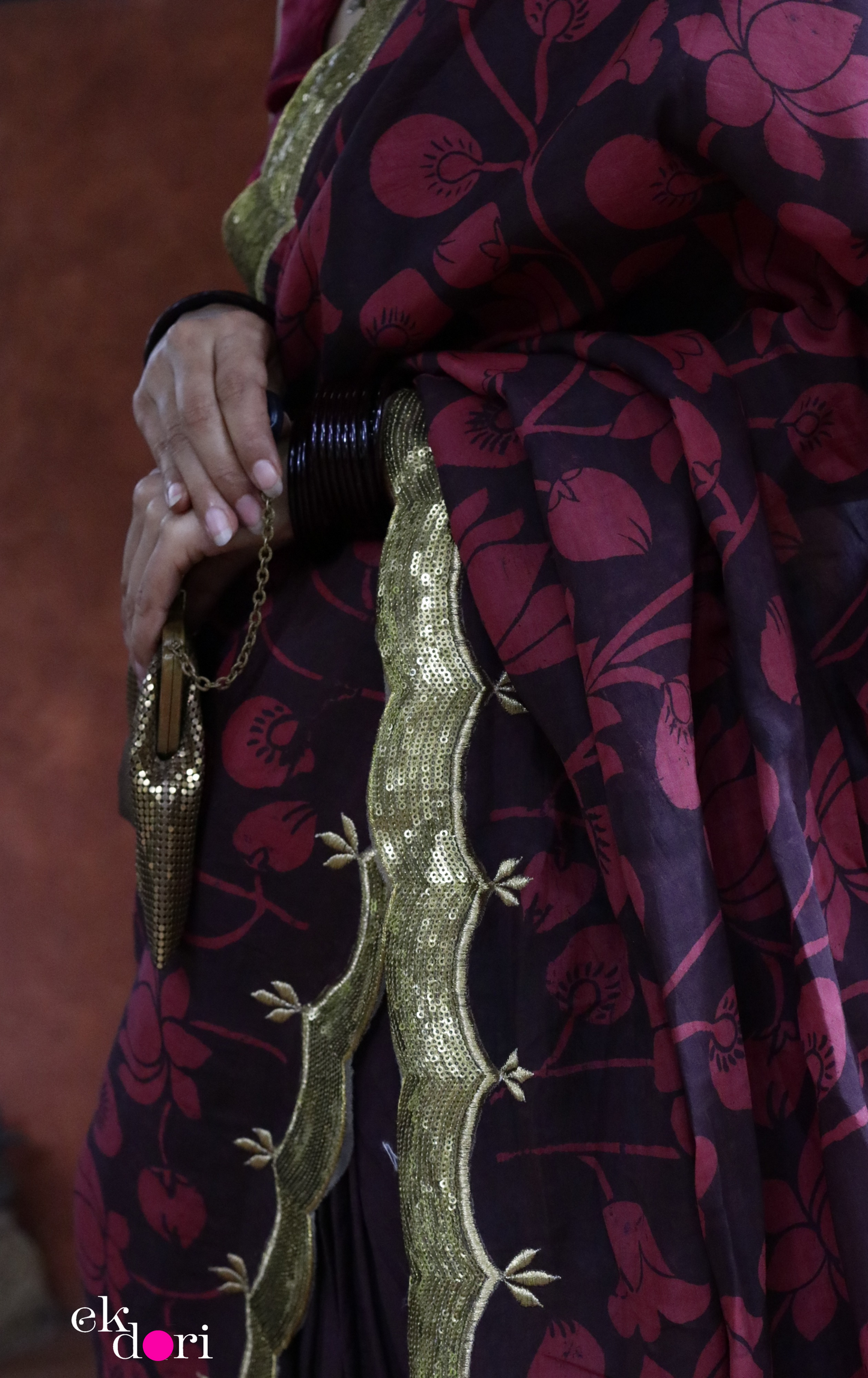 Red Lotus Pen Kalamkari Silk Saree : Festive Pure Silk Pen Kalamkari Saree