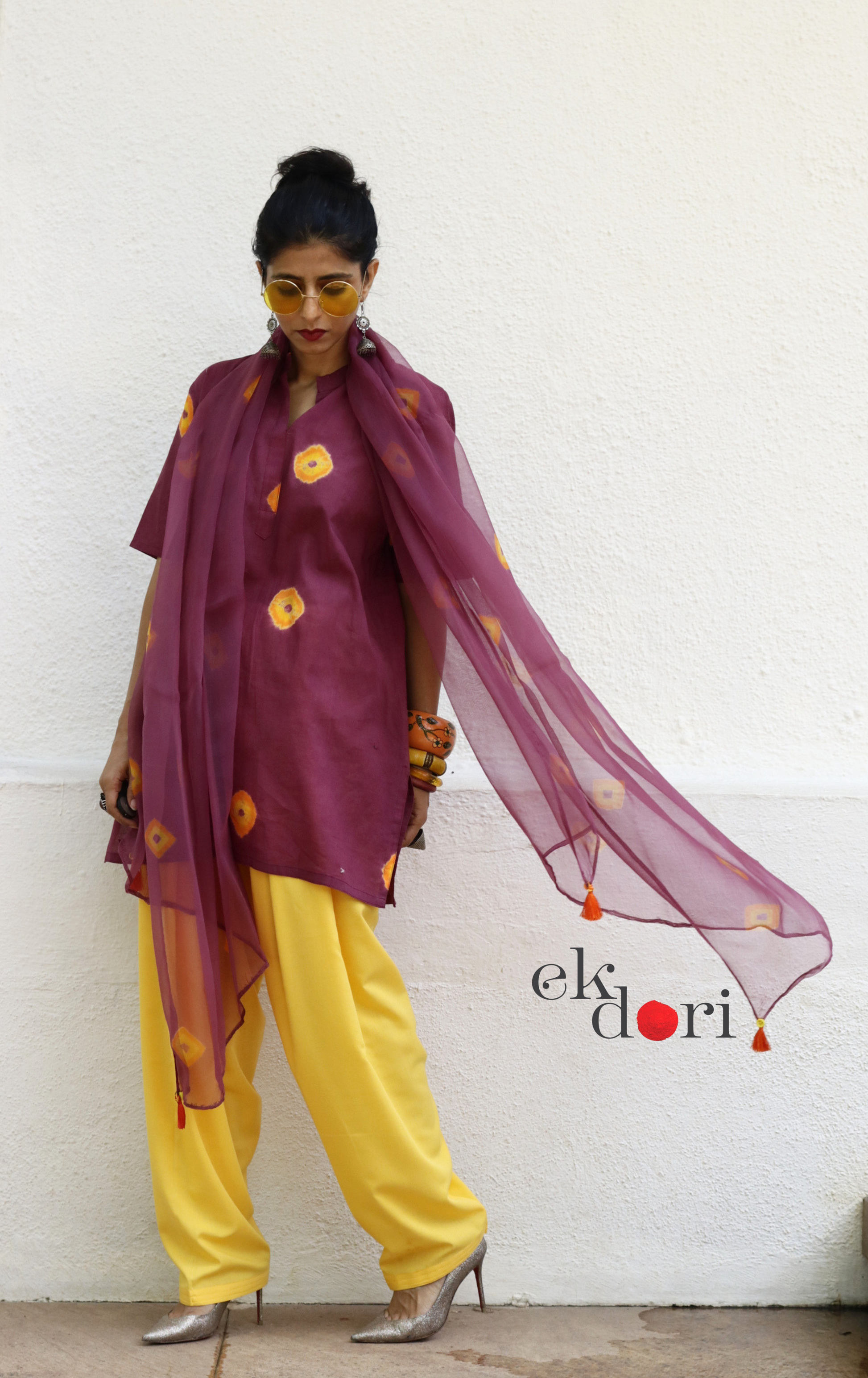 Maroon Bandhani Cotton Kurta Gher Salwar Co-ord Set yellow balloon pant dupatta handcrafted Indian festive wear Ek Dori