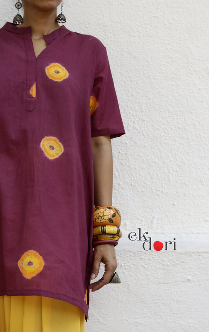 Maroon Bandhani Cotton Kurta Gher Salwar Co-ord Set yellow balloon pant dupatta handcrafted Indian festive wear Ek Dori
