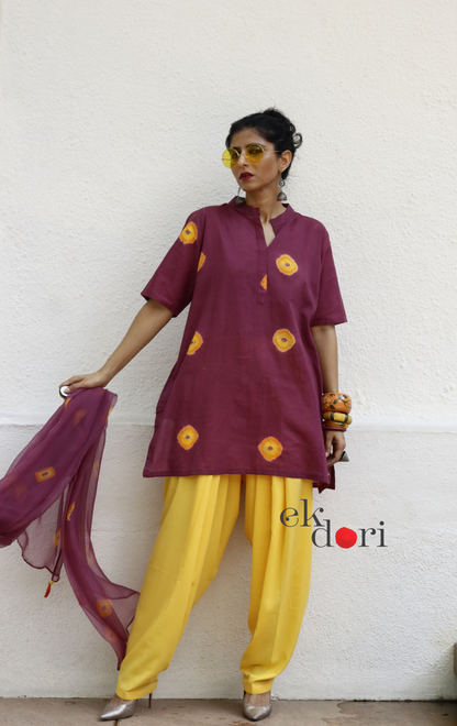 Maroon Bandhani Cotton Kurta Gher Salwar Co-ord Set yellow balloon pant dupatta handcrafted Indian festive wear Ek Dori