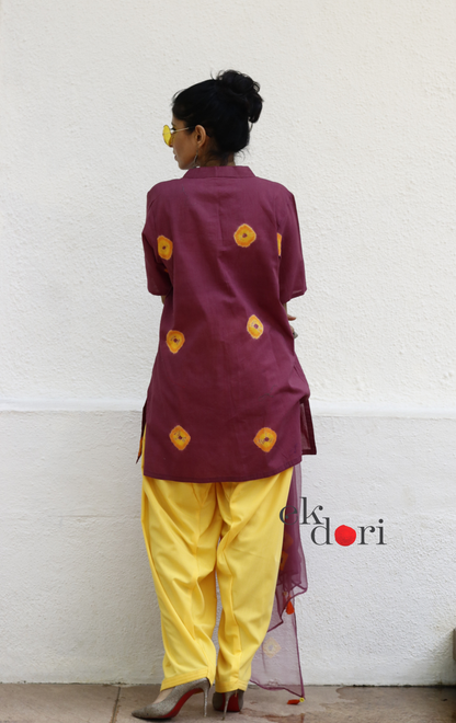 Maroon Bandhani Cotton Kurta Gher Salwar Co-ord Set yellow balloon pant dupatta handcrafted Indian festive wear Ek Dori