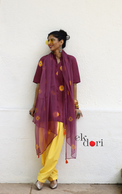 Maroon Bandhani Cotton Kurta Gher Salwar Co-ord Set yellow balloon pant dupatta handcrafted Indian festive wear Ek Dori