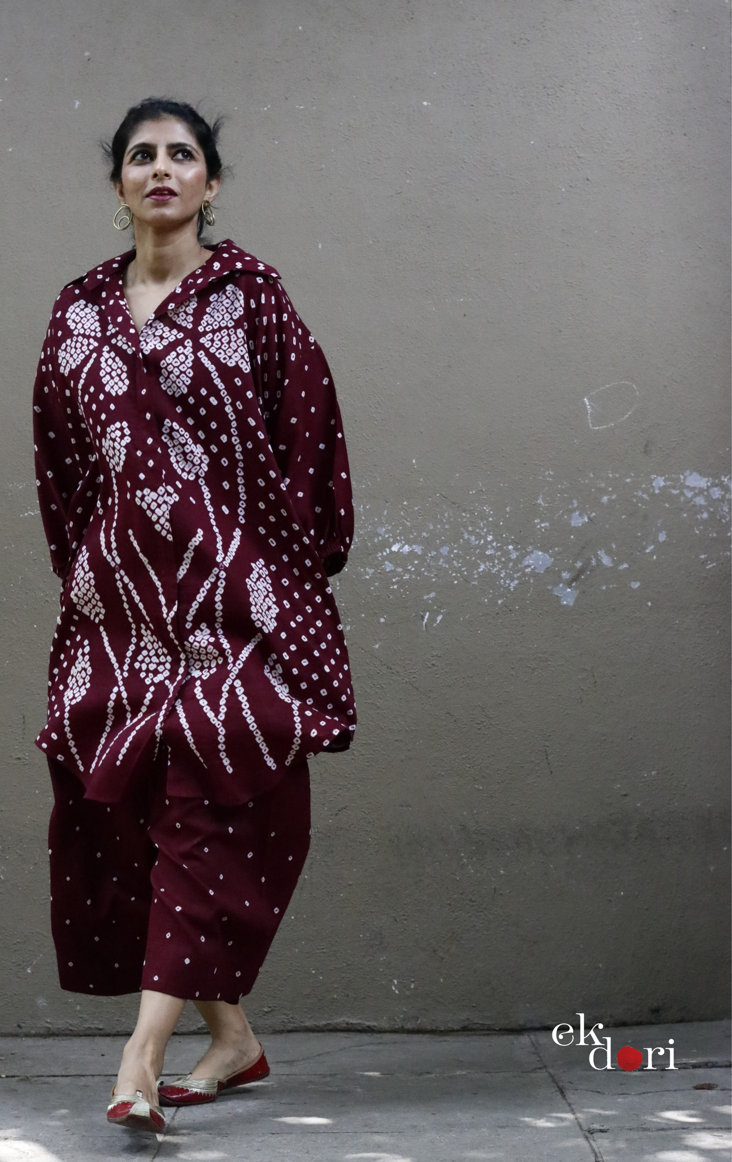Maroon Bandhani 'Flower Garden' Cotton Co-ord Set : Buy Kurta Palazzo Cotton Co-ord Set