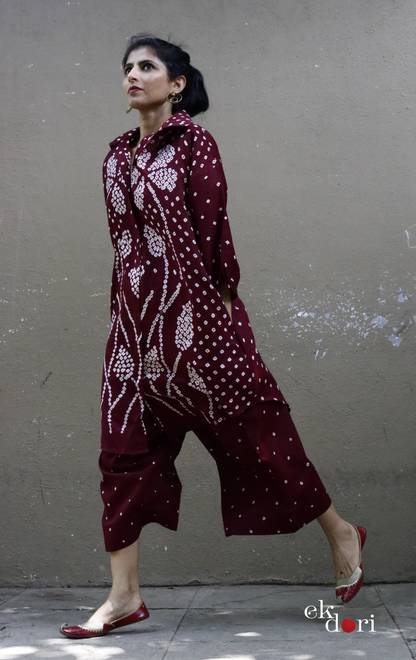 Maroon Bandhani 'Flower Garden' Cotton Co-ord Set : Buy Kurta Palazzo Cotton Co-ord Set