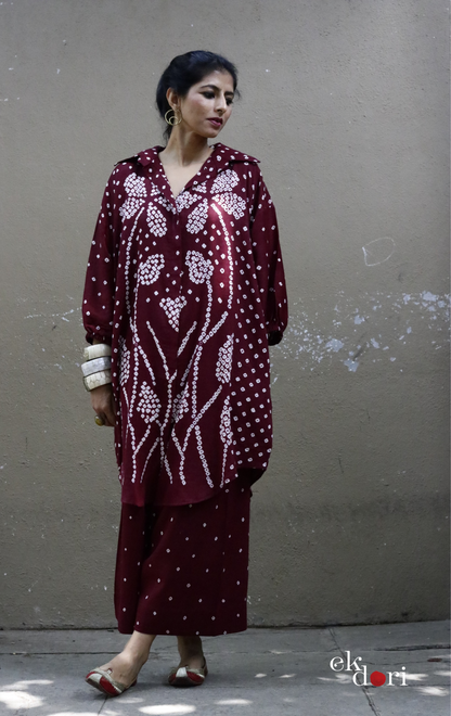 Maroon Bandhani 'Flower Garden' Cotton Co-ord Set : Buy Kurta Palazzo Cotton Co-ord Set