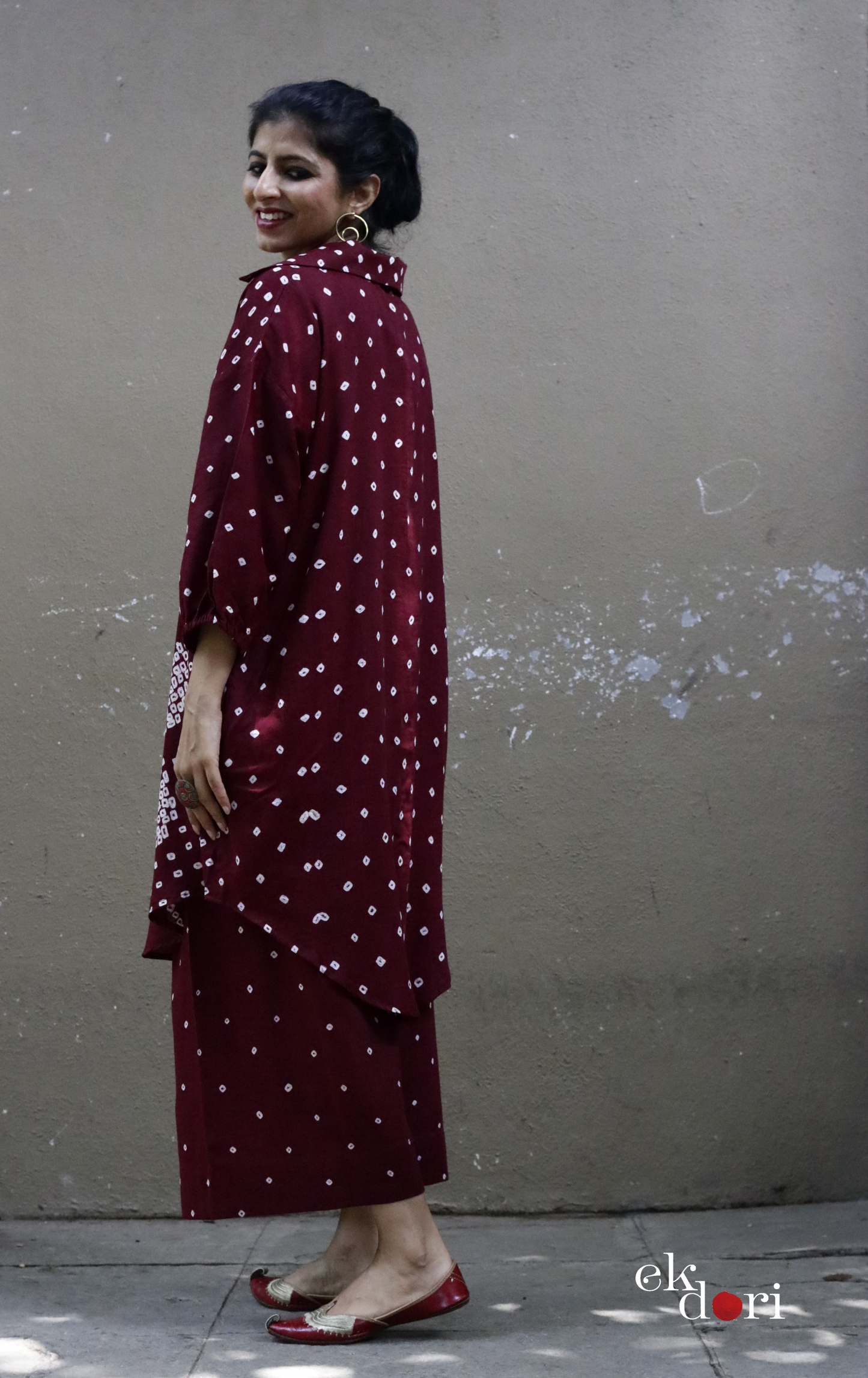 Maroon Bandhani 'Flower Garden' Cotton Co-ord Set : Buy Kurta Palazzo Cotton Co-ord Set