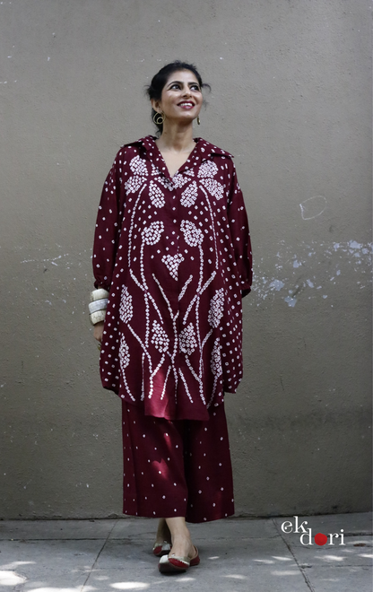 Maroon Bandhani 'Flower Garden' Cotton Co-ord Set : Buy Kurta Palazzo Cotton Co-ord Set