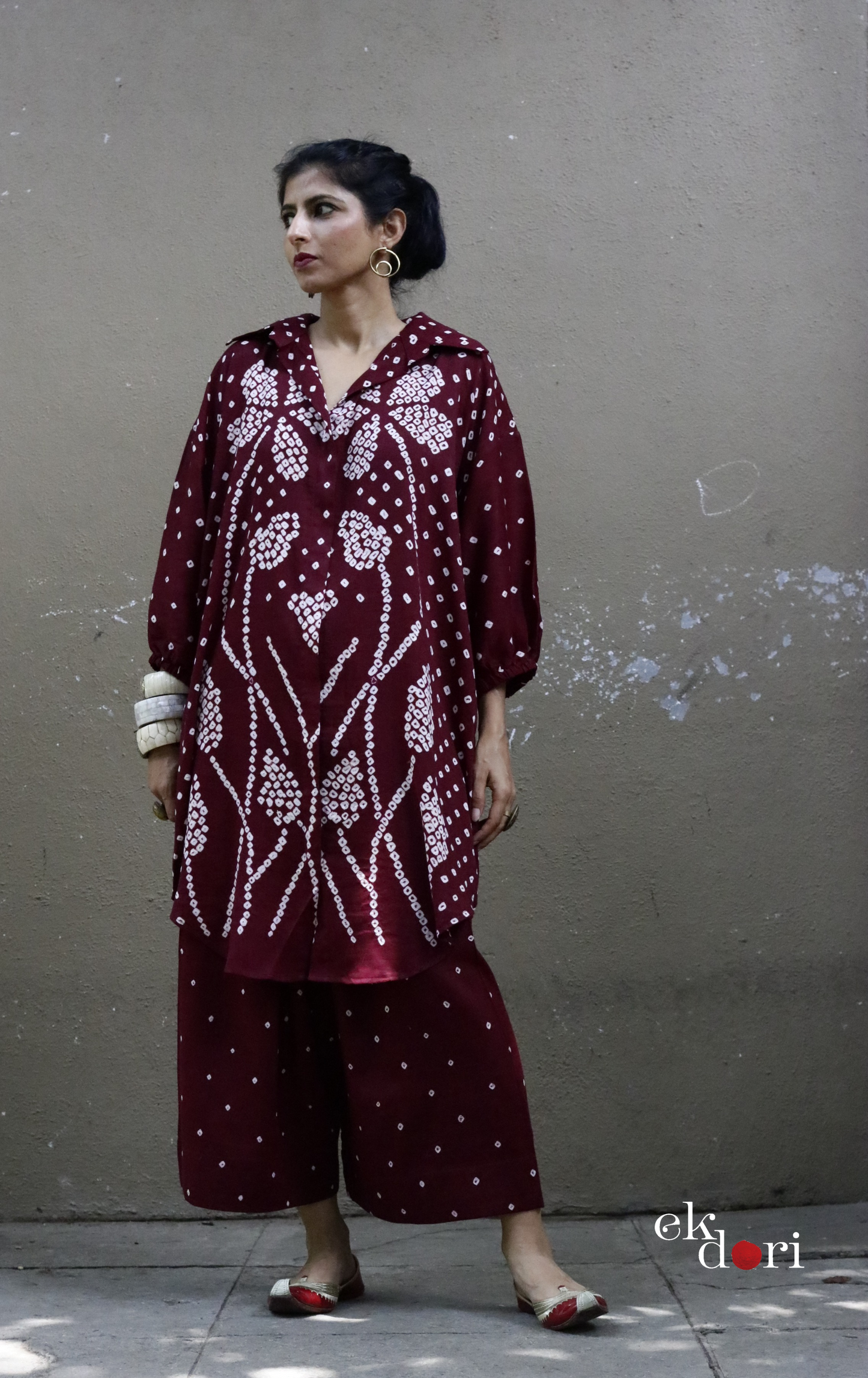 Maroon Bandhani 'Flower Garden' Cotton Co-ord Set : Buy Kurta Palazzo Cotton Co-ord Set