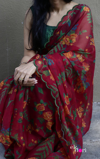 Buy Floral Chiffon Saree Online : 'True Love' Floral Semi Chiffon Saree With Scalloped Edges