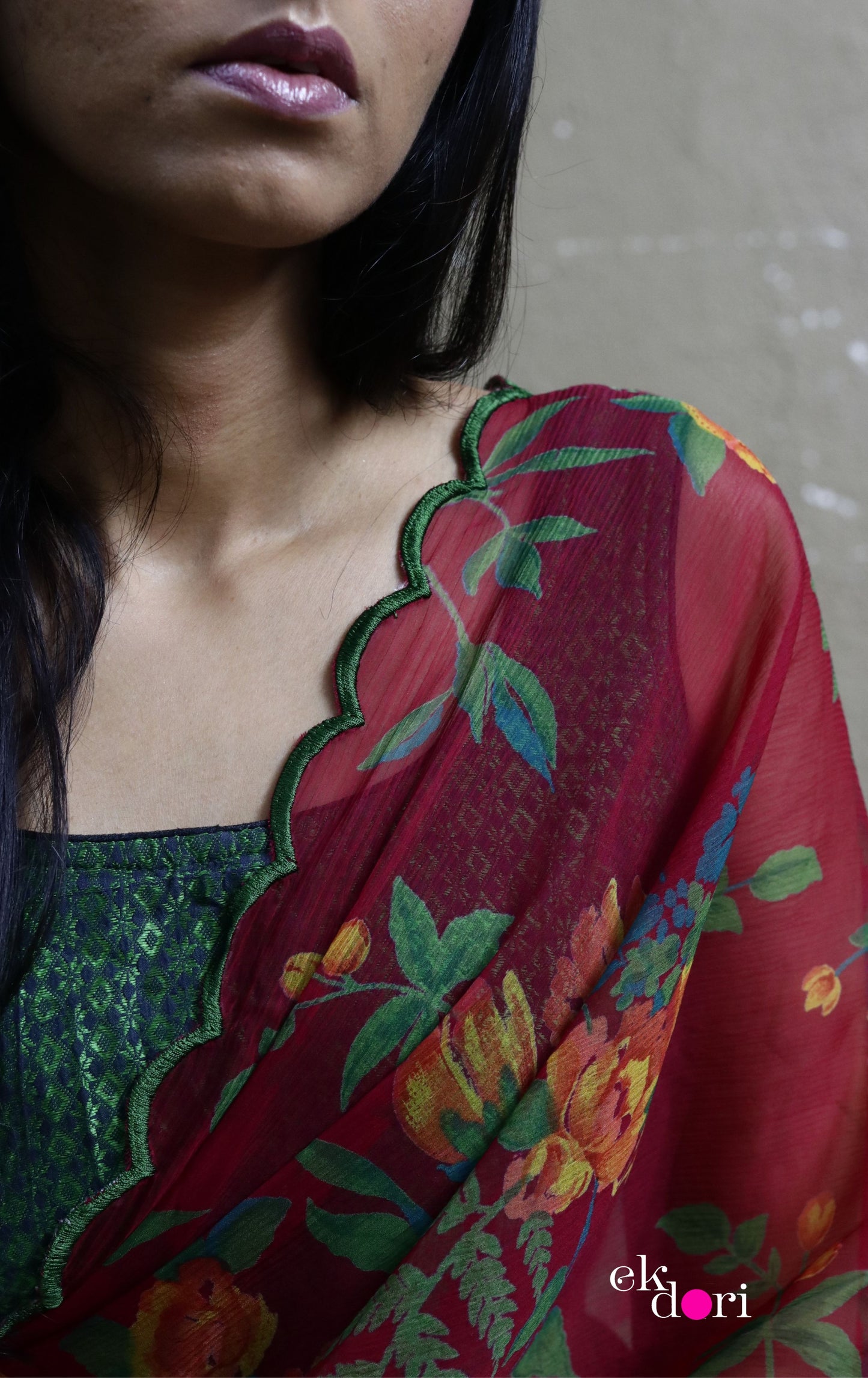 Buy Floral Chiffon Saree Online : 'True Love' Floral Semi Chiffon Saree With Scalloped Edges