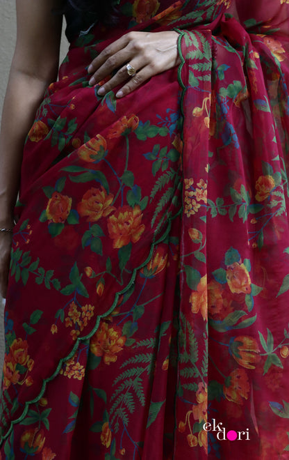 Buy Floral Chiffon Saree Online : 'True Love' Floral Semi Chiffon Saree With Scalloped Edges