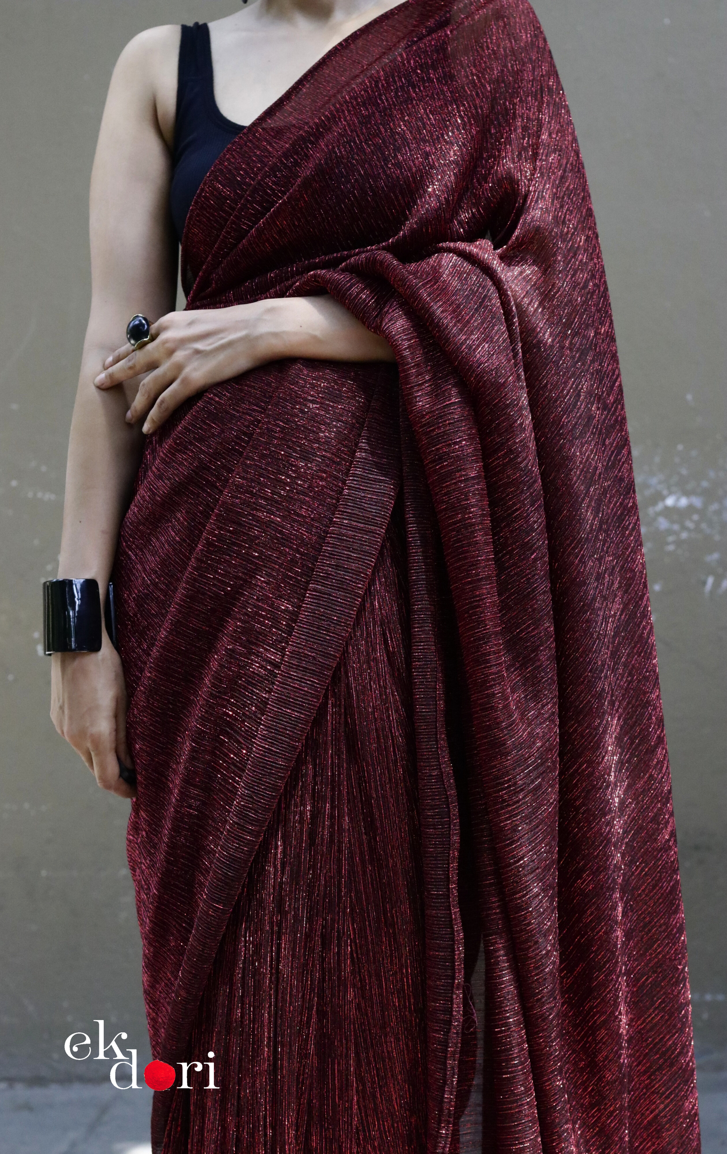 Red Maroon Evening Cocktail Saree 'Glowing Embers' : Micro Pleated Designer Red Saree : Metallic Red Cocktail Saree