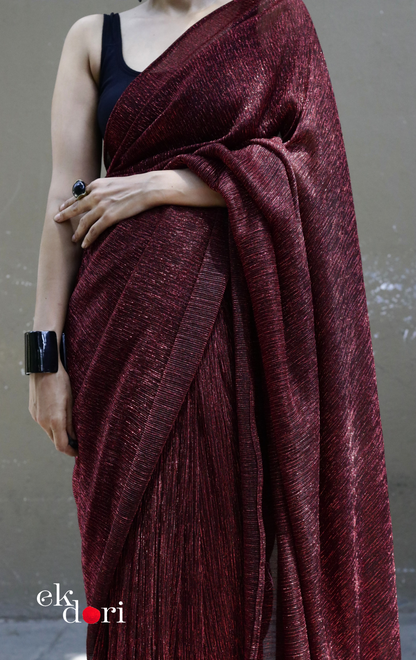 Red Maroon Evening Cocktail Saree 'Glowing Embers' : Micro Pleated Designer Red Saree : Metallic Red Cocktail Saree