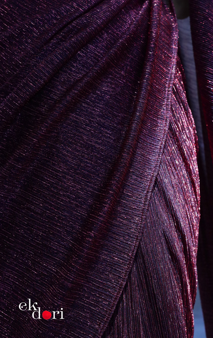 Red Maroon Evening Cocktail Saree 'Glowing Embers' : Micro Pleated Designer Red Saree : Metallic Red Cocktail Saree