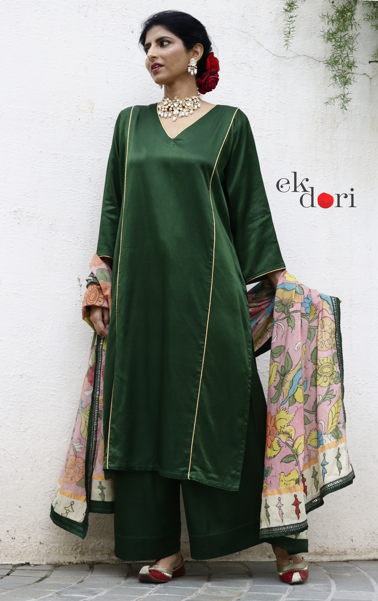 Mashru Kurta Co-ord Set in Green With Kalamkari Dupatta : Buy 'Radha' Kurta Palazzo Dupatta Festive Co-ord Set