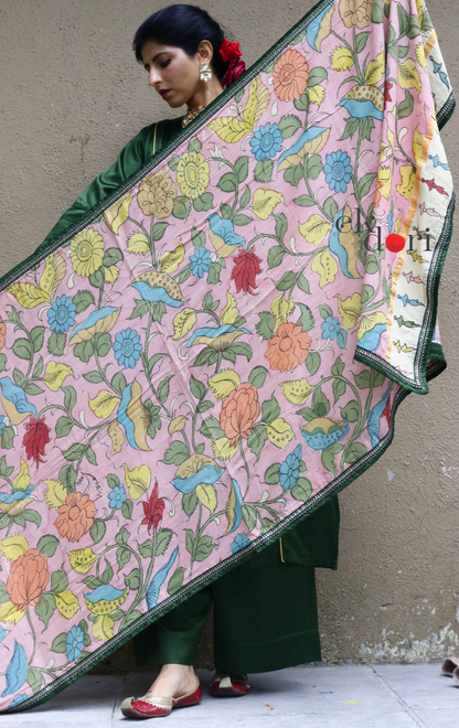 Mashru Kurta Co-ord Set in Green With Kalamkari Dupatta : Buy 'Radha' Kurta Palazzo Dupatta Festive Co-ord Set