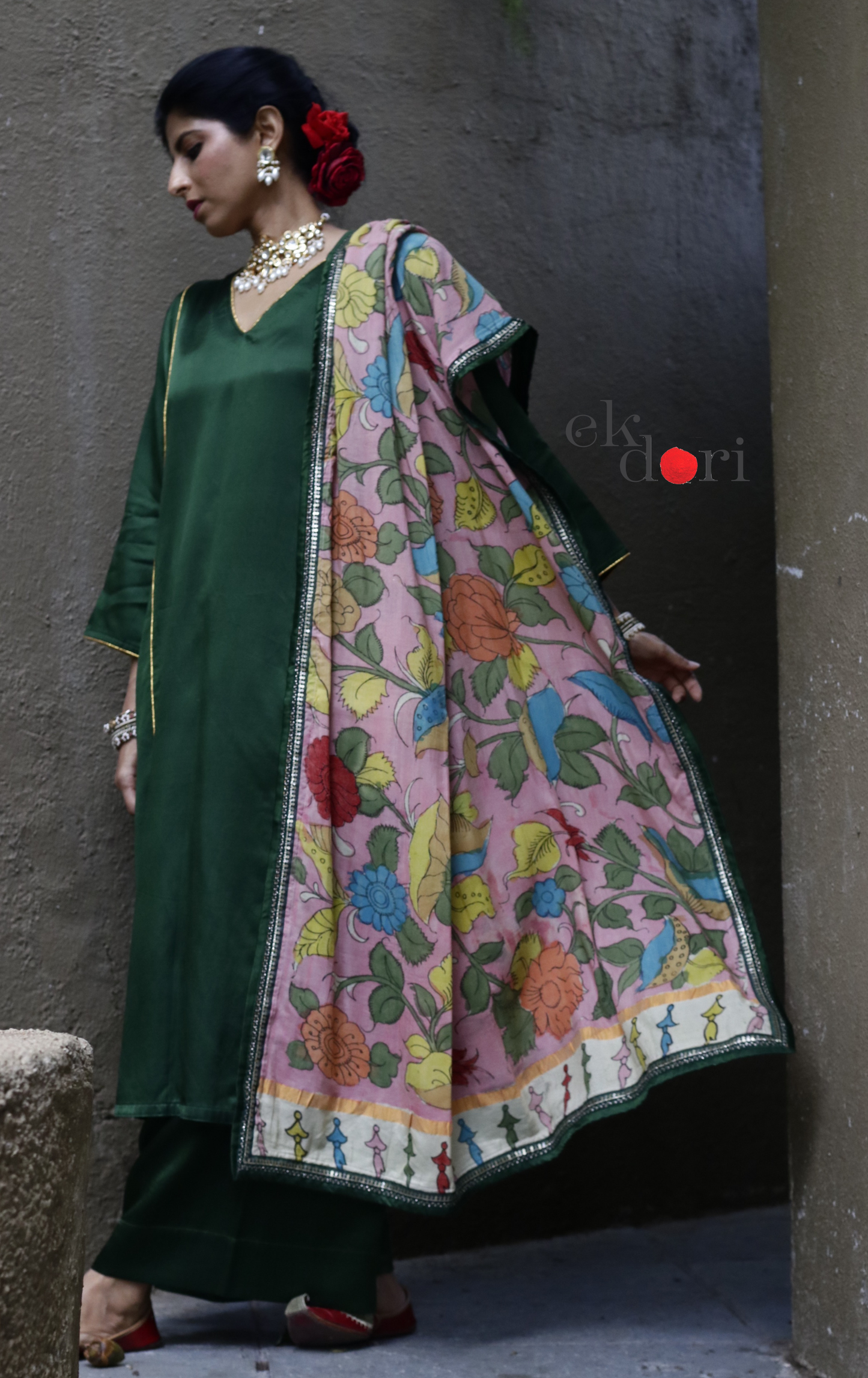 Mashru Kurta Co-ord Set in Green With Kalamkari Dupatta : Buy 'Radha' Kurta Palazzo Dupatta Festive Co-ord Set