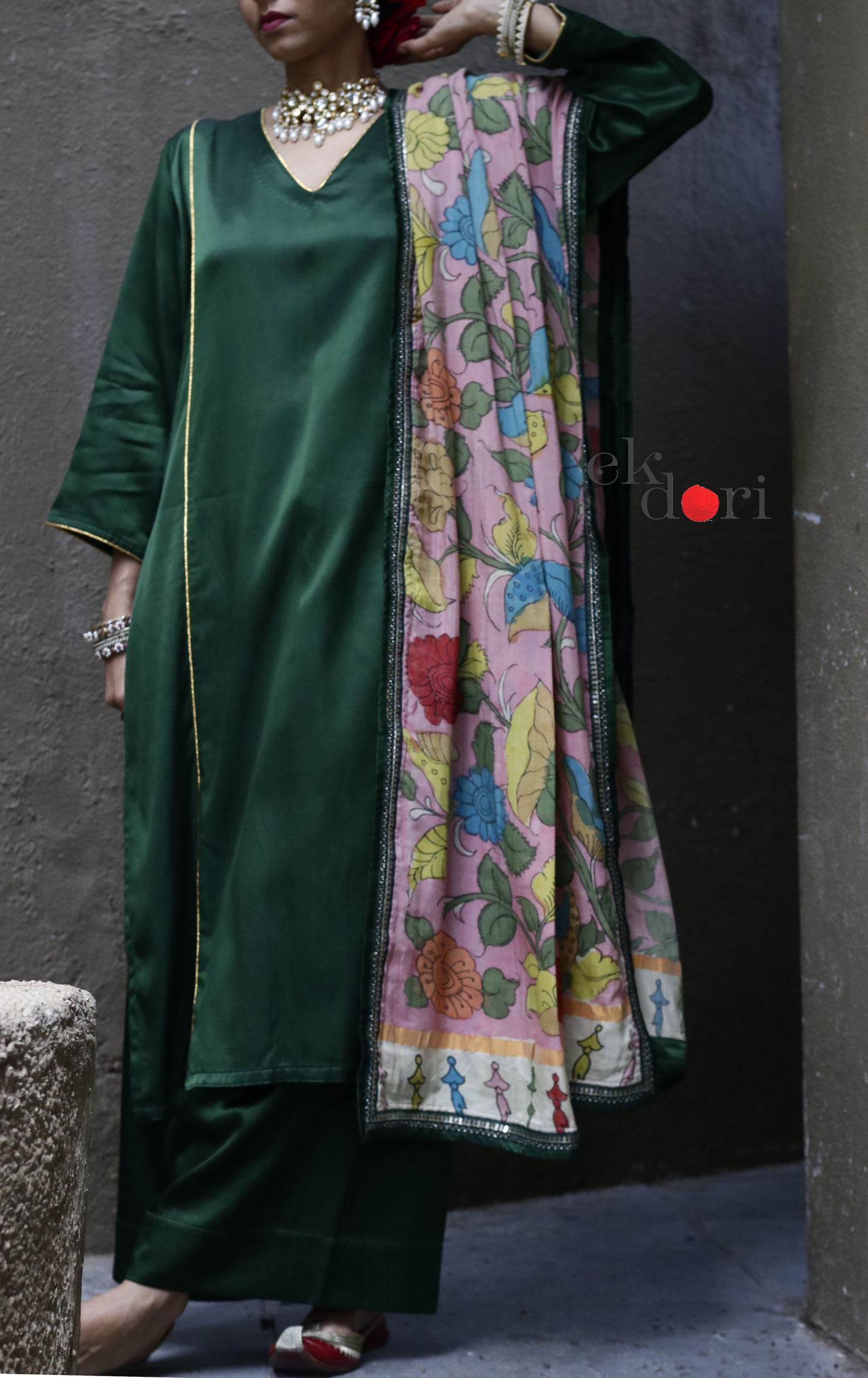 Mashru Kurta Co-ord Set in Green With Kalamkari Dupatta : Buy 'Radha' Kurta Palazzo Dupatta Festive Co-ord Set