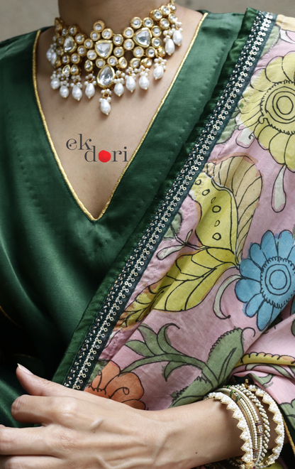 Mashru Kurta Co-ord Set in Green With Kalamkari Dupatta : Buy 'Radha' Kurta Palazzo Dupatta Festive Co-ord Set