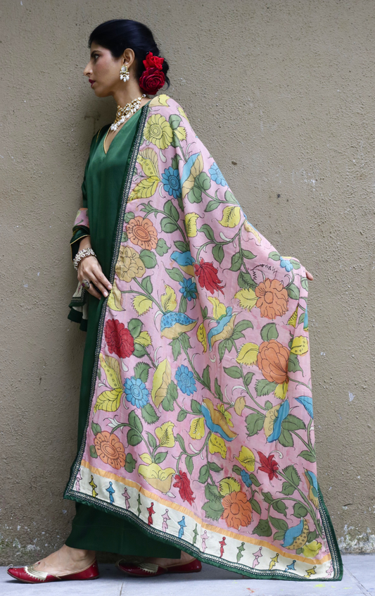 Mashru Kurta Co-ord Set in Green With Kalamkari Dupatta : Buy 'Radha' Kurta Palazzo Dupatta Festive Co-ord Set