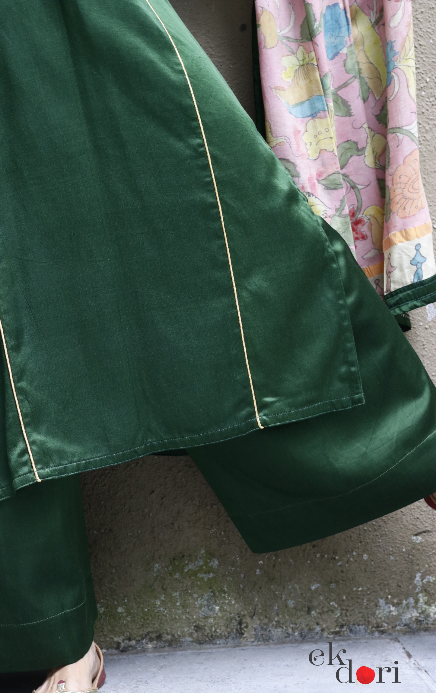 Mashru Kurta Co-ord Set in Green With Kalamkari Dupatta : Buy 'Radha' Kurta Palazzo Dupatta Festive Co-ord Set