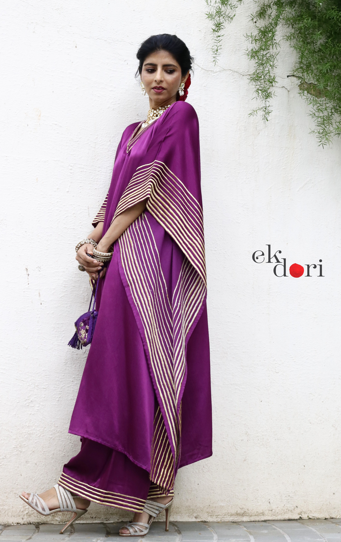 Mashru Kaftan Kurta Co-ord Set in Purple With Gold Embroidery : Buy Festive&nbsp;'Jamun' Kurta Palazzo Co-ord Set