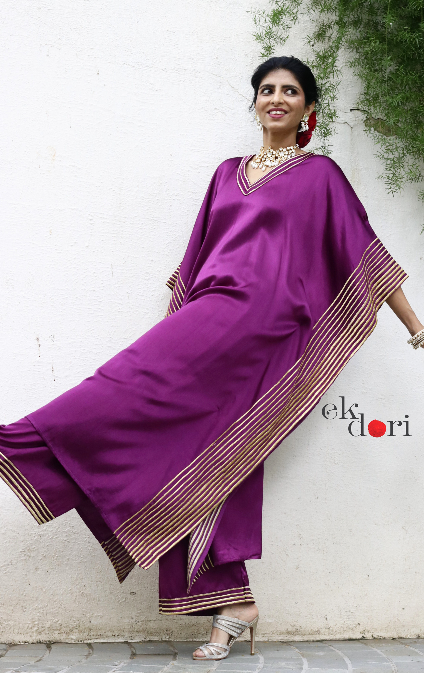 Mashru Kaftan Kurta Co-ord Set in Purple With Gold Embroidery : Buy Festive&nbsp;'Jamun' Kurta Palazzo Co-ord Set