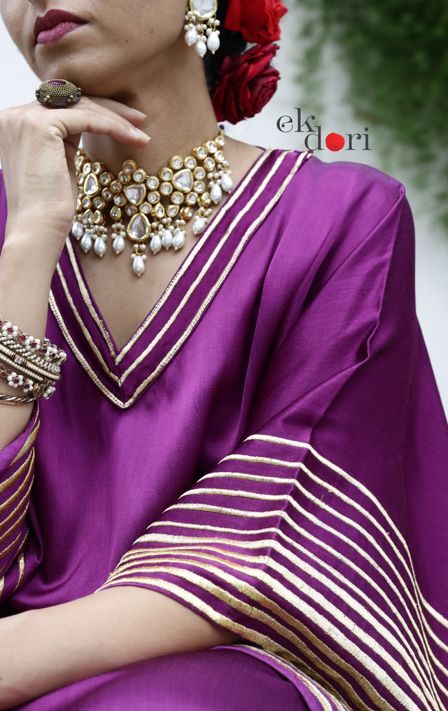 Mashru Kaftan Kurta Co-ord Set in Purple With Gold Embroidery : Buy Festive&nbsp;'Jamun' Kurta Palazzo Co-ord Set