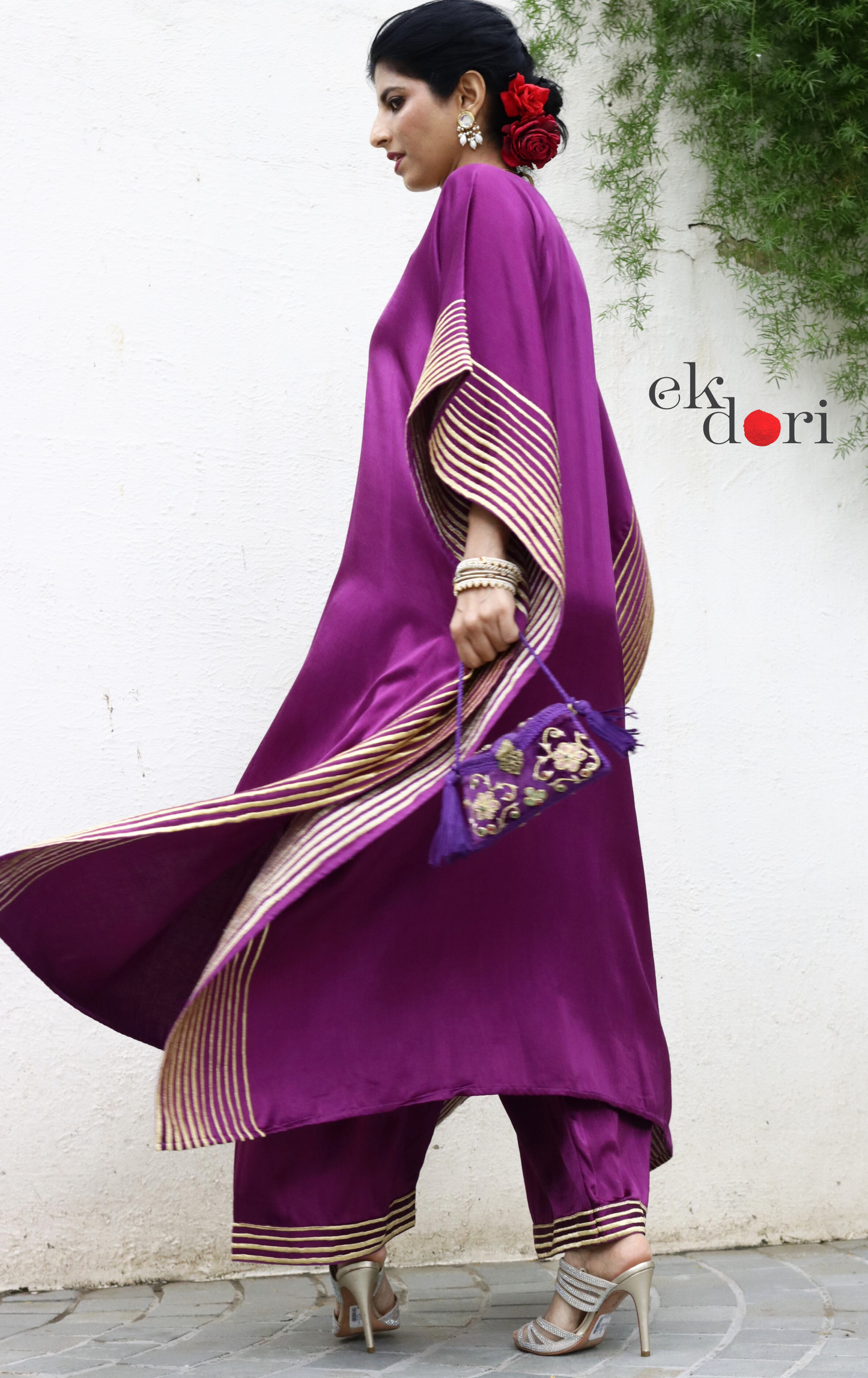 Mashru Kaftan Kurta Co-ord Set in Purple With Gold Embroidery : Buy Festive&nbsp;'Jamun' Kurta Palazzo Co-ord Set