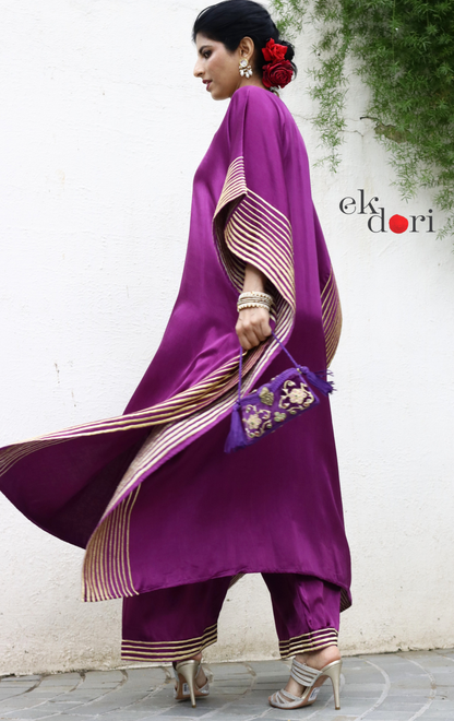 Mashru Kaftan Kurta Co-ord Set in Purple With Gold Embroidery : Buy Festive&nbsp;'Jamun' Kurta Palazzo Co-ord Set