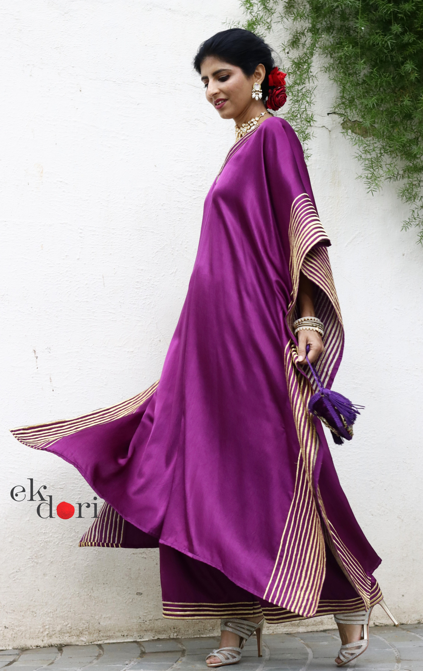 Mashru Kaftan Kurta Co-ord Set in Purple With Gold Embroidery : Buy Festive&nbsp;'Jamun' Kurta Palazzo Co-ord Set