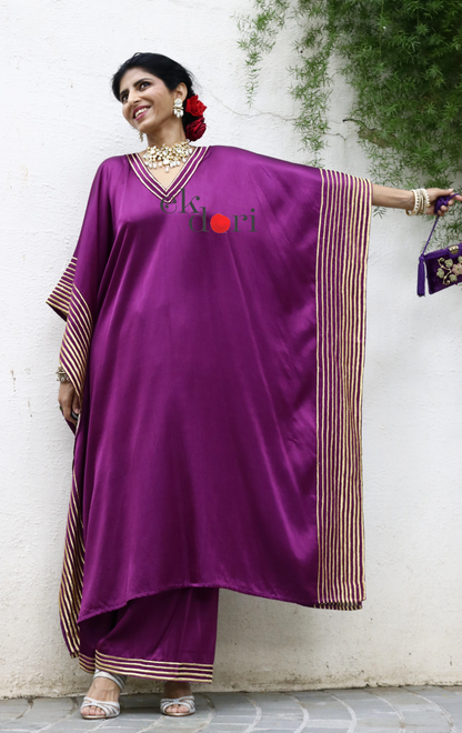 Mashru Kaftan Kurta Co-ord Set in Purple With Gold Embroidery : Buy Festive&nbsp;'Jamun' Kurta Palazzo Co-ord Set