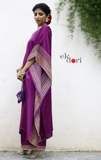 Mashru Kaftan Kurta Co-ord Set in Purple With Gold Embroidery : Buy Festive&nbsp;'Jamun' Kurta Palazzo Co-ord Set