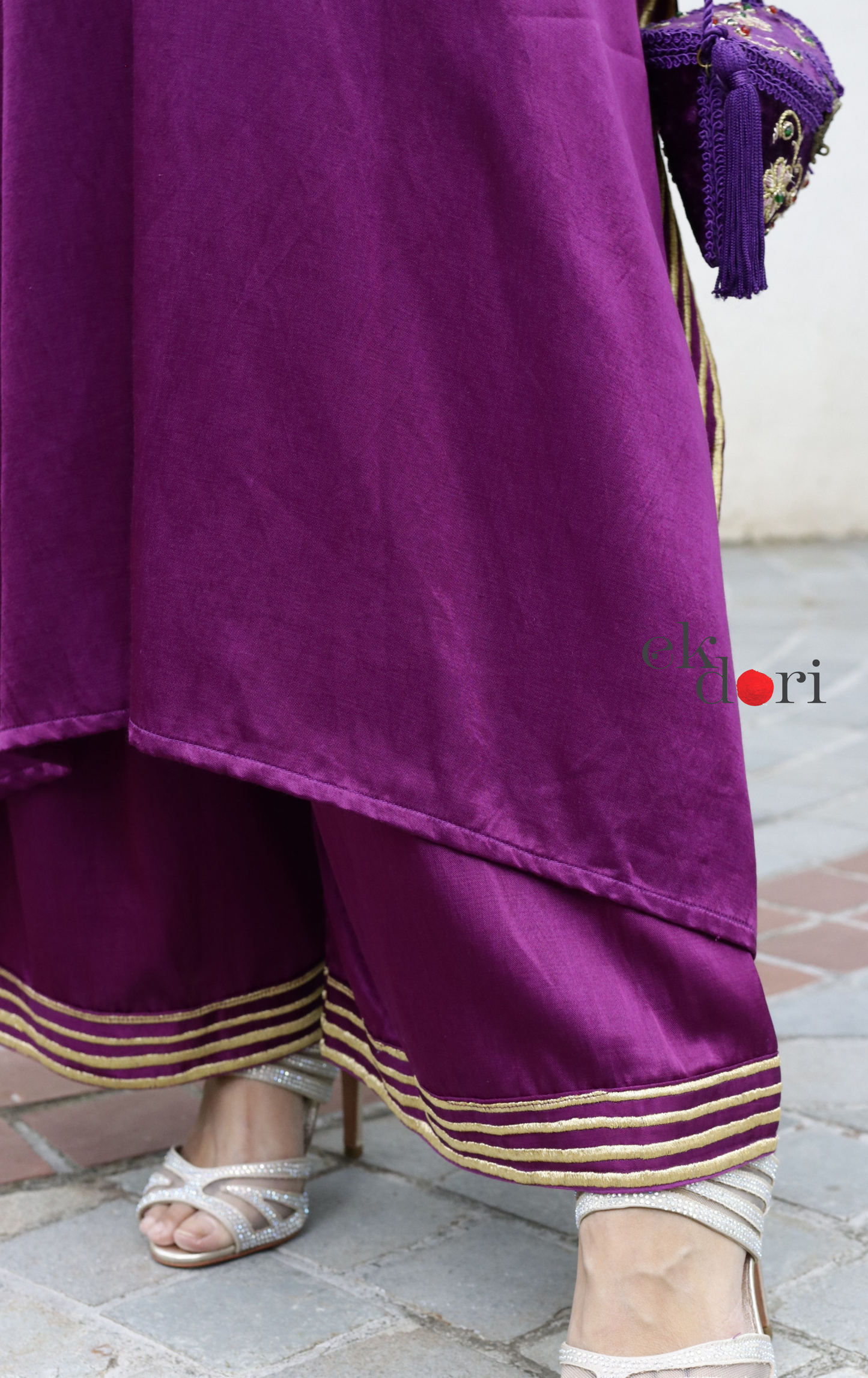 Mashru Kaftan Kurta Co-ord Set in Purple With Gold Embroidery : Buy Festive&nbsp;'Jamun' Kurta Palazzo Co-ord Set