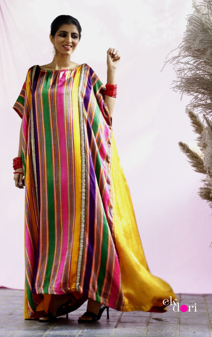 'The Happiest' Silk Kaftan Dress : Handloom Mashru Pure Silk Statement Kaftan Dress