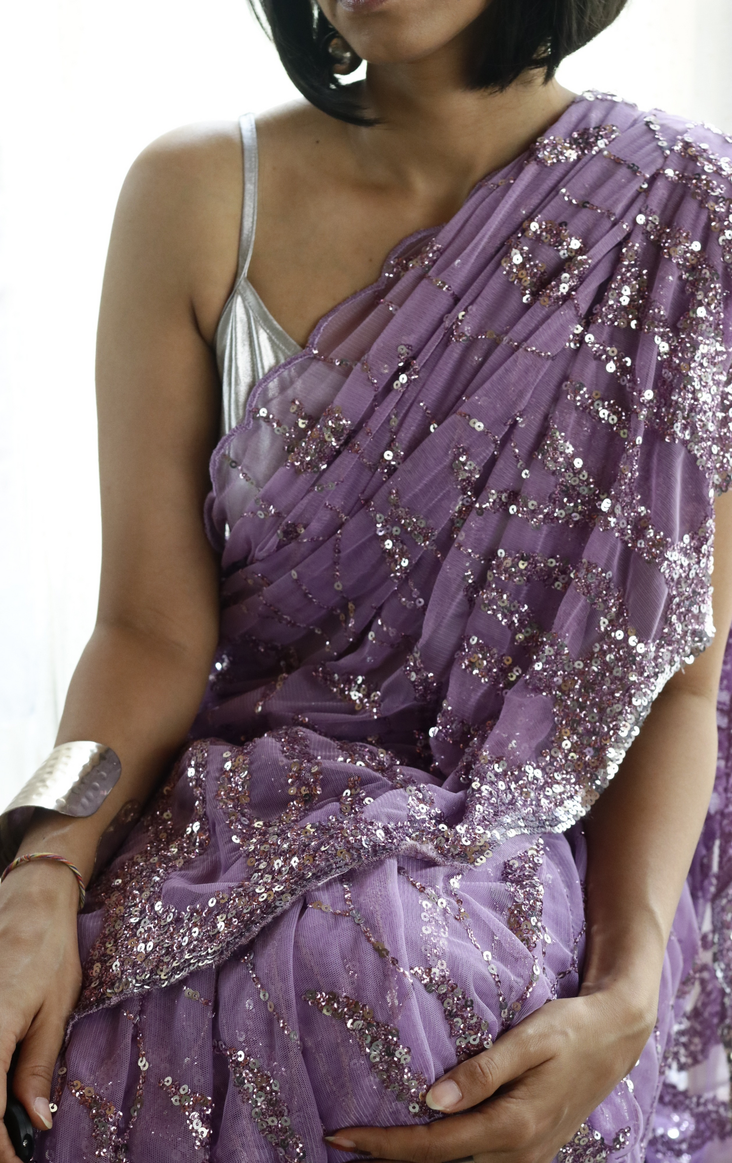 Silver Mauve Sequin Cocktail Saree 'Mauve Morning' : Festive Evening Sequin Cocktail Saree Collection